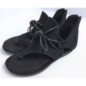 Pierre Dumas Kori Sandal T-Strap Zip Heel Low Wedge Black Faux Leather 6 M